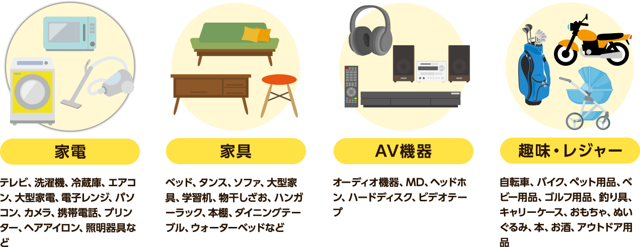 楽器、オーディオ、カメラ、家電、パソコン、スマホ、タブレット、ゴルフ用品、釣具、お酒、自転車、バイク、工具、時計、ゲーム、DVD、BD、フィギュア、ブランド品、洋服、本、万年筆、ベビー用品、アウトドア、骨董品、オフィス用品、暖房機器、家具、車、在庫品、etc.