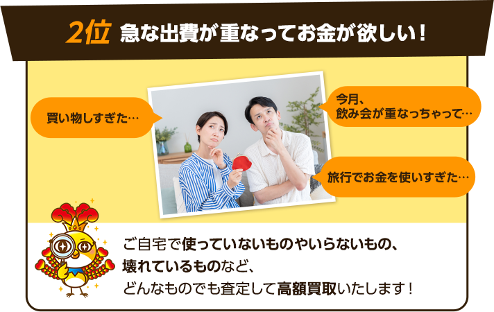 2位、急な出費が重なってお金が欲しい！今月飲み会が重なちゃって、買い物しすぎた、旅行でお金を使いすぎた！など出費がかさんでしまい、手持ちのお金を増やしたい方も多いです。ご自宅で使っていないものやいらないものなど、どんなものでも査定して高額買取いたします！